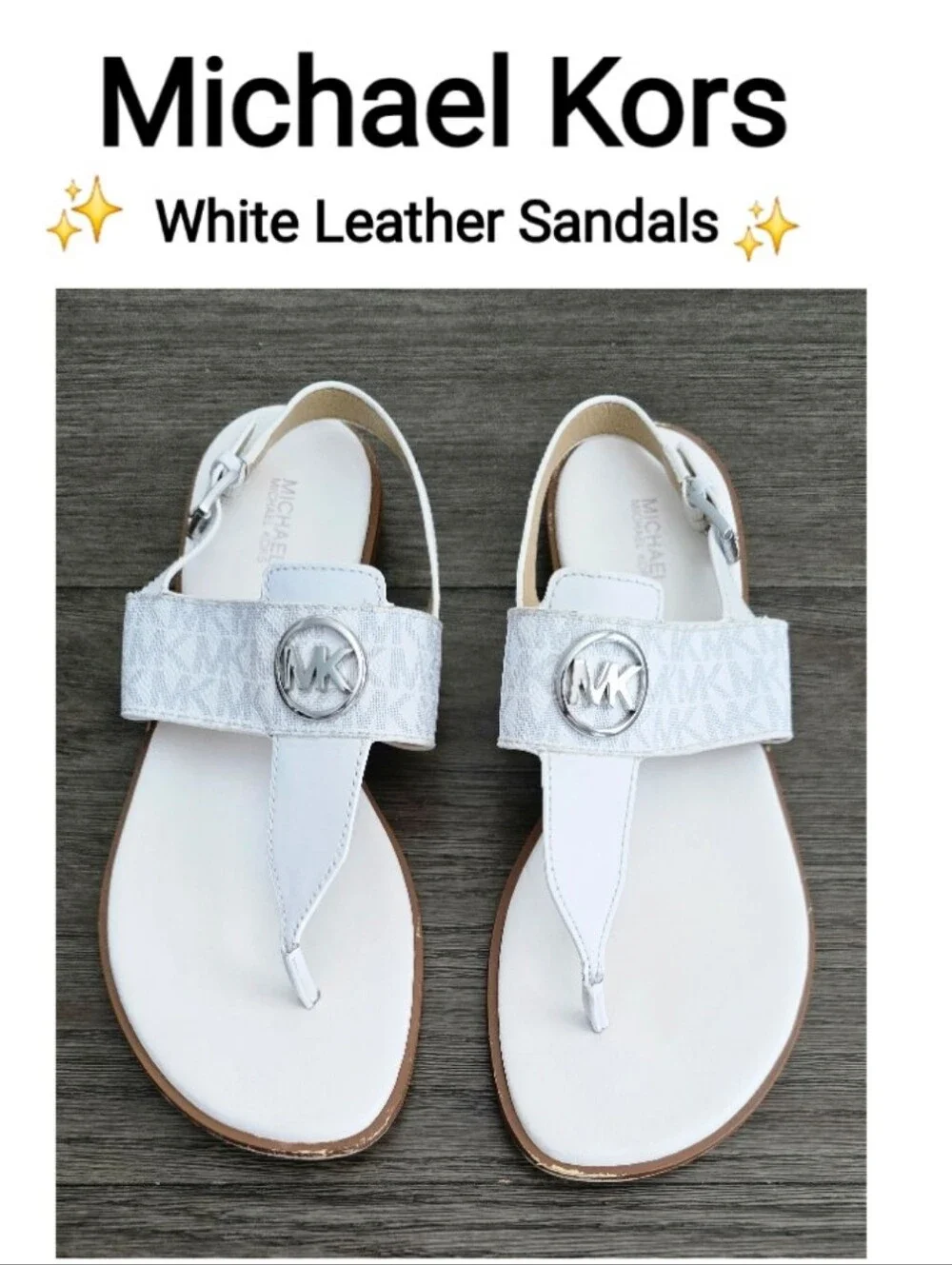 Michael Kors White Leather Thong Sandals with Silver MK Emblem, Size 10